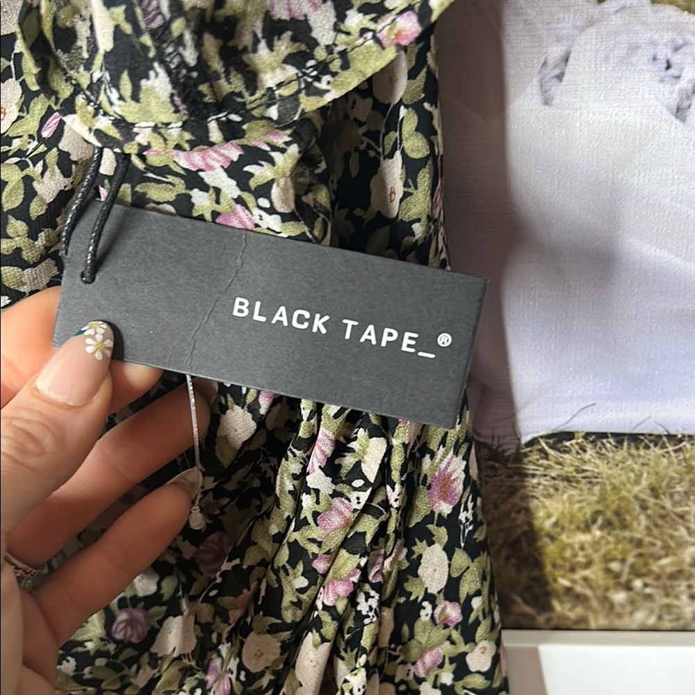Black tape _ Floral Black Dress with green and pink florals - Picture 5 of 6